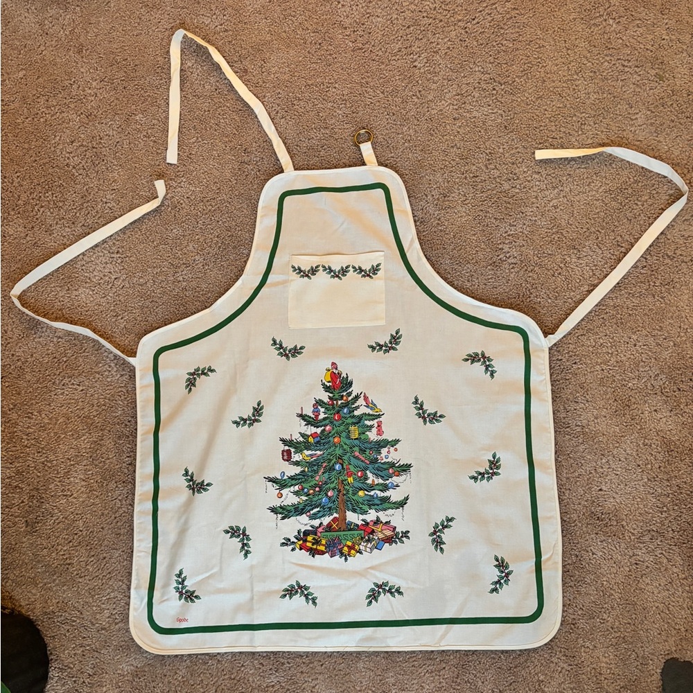 Holiday Christmas Tree Festive Spode Vintage Apron Green and White